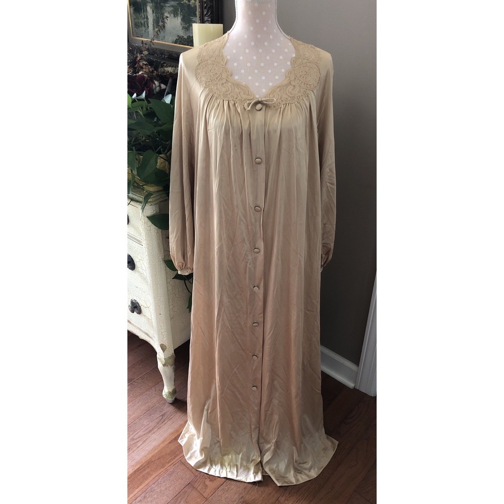 Vtg Robe Long Nylon Beige/Gold Lace Trim Long Sleeve Women's Size Large